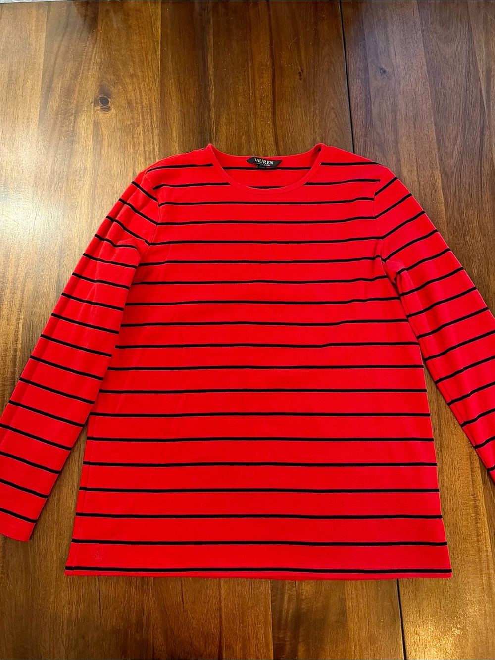 Lauren Ralph Lauren Red and Black Striped Crew Neck Top